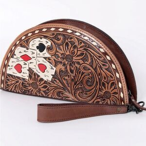 American Darling Brown Leather Clutch with Playing Card Design